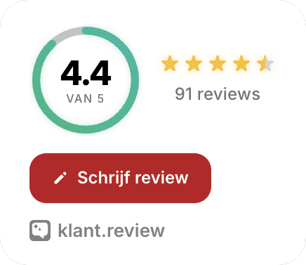 klant.review widget badge met groene ring, score 4.4 en 91 reviews