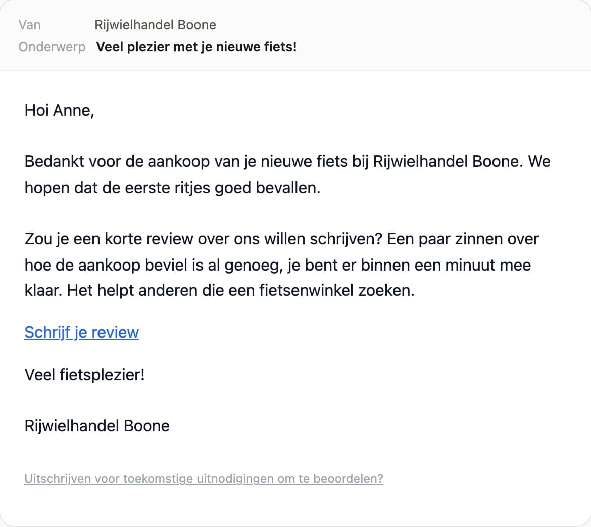 Uitnodiging van Rijwielhandel Boone in het Nederlands, onderwerp "Veel plezier met je nieuwe fiets!", met een link om een review te schrijven