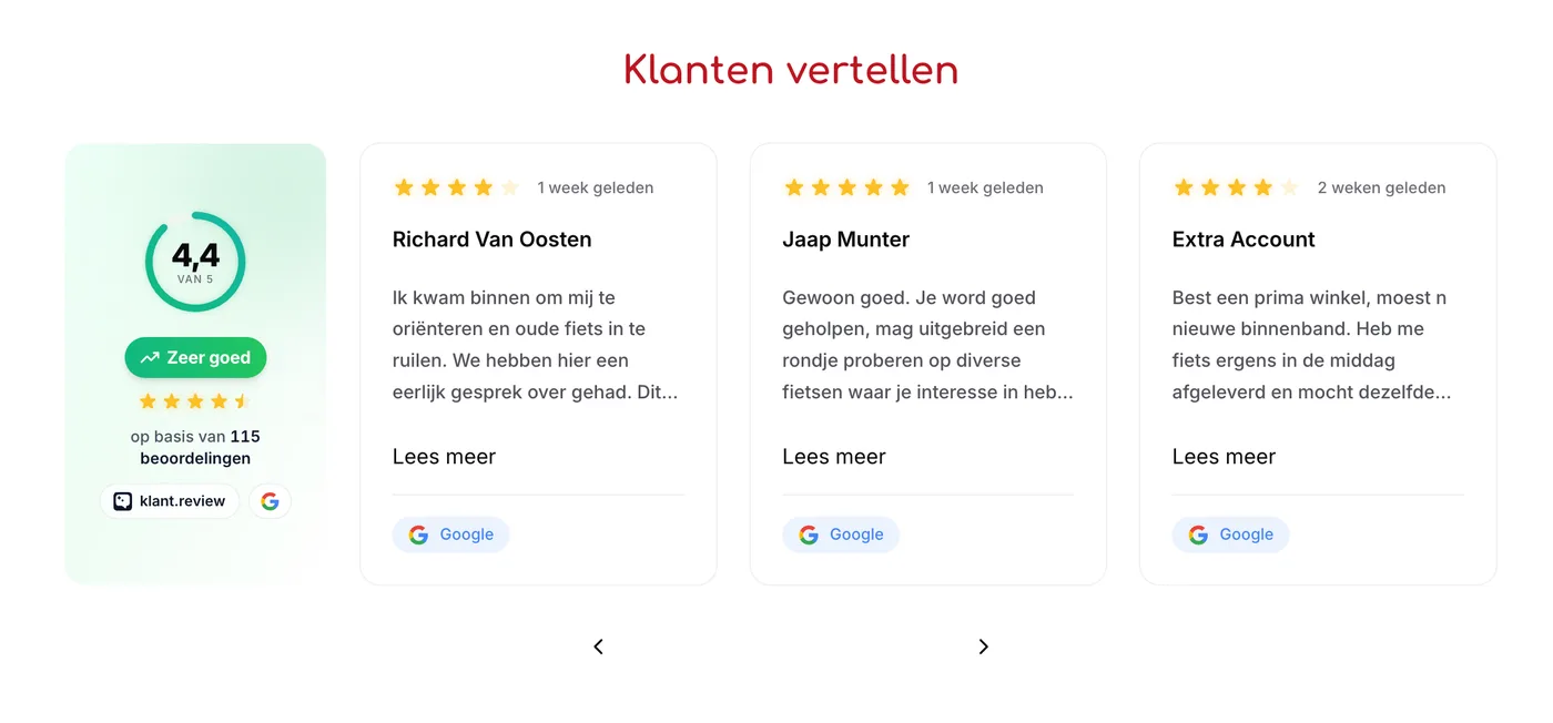 Reviewslider op de website van Rijwielhandel Boone met het cijfer 4,4 uit 115 beoordelingen en drie recente reviews naast elkaar