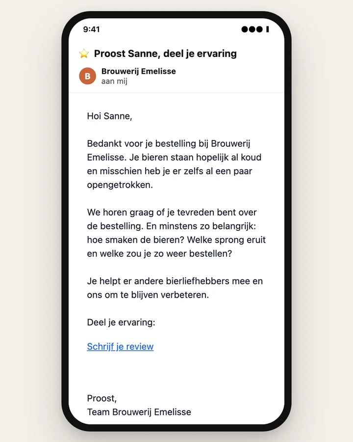 Uitnodiging van Brouwerij Emelisse, onderwerp "Proost, deel je ervaring", met de vraag hoe de bieren smaken en een link om een review te schrijven