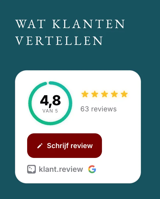 Reviewkaartje van de Engelse Kerk Middelburg op een donkerblauwe achtergrond, onder de kop wat klanten vertellen, met 4,8 uit 63 reviews
