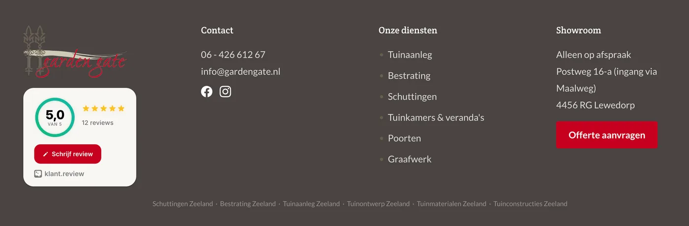 Reviewkaartje van Gardengate in de voettekst van hun website, met 5,0 uit 12 reviews en een knop om zelf een review te schrijven