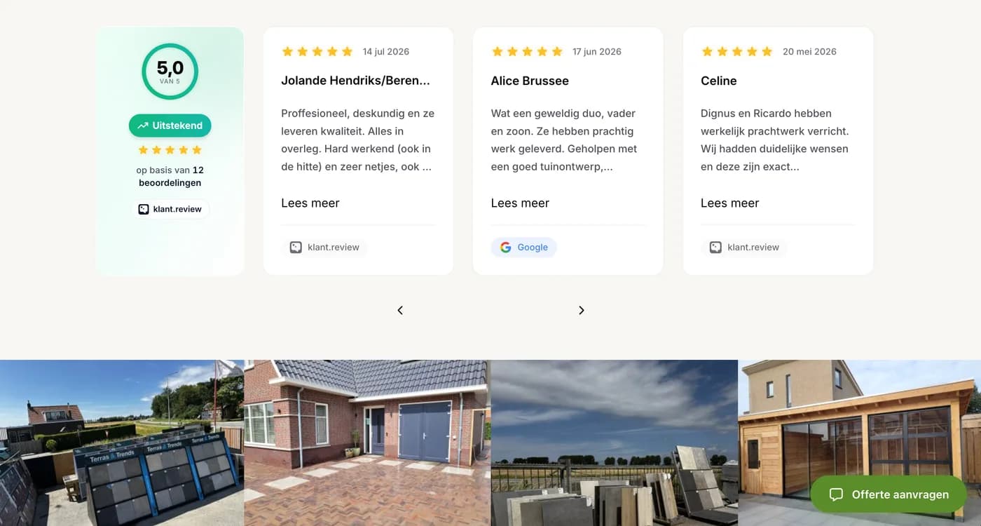 Reviewslider op de website van Gardengate met 5,0 uit 12 beoordelingen, direct boven een strook foto’s van aangelegde tuinen