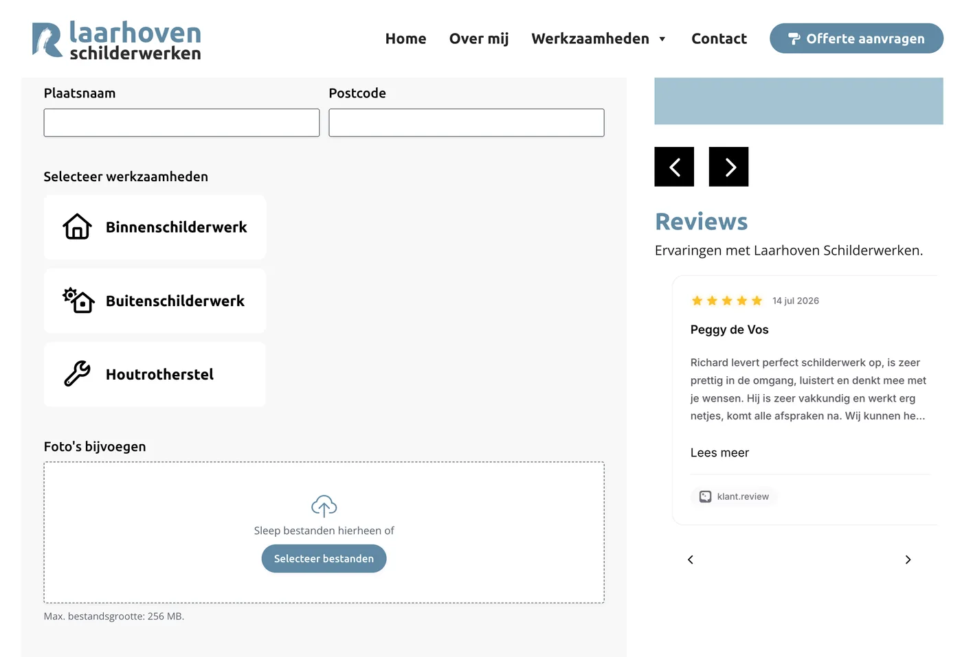 Offerteformulier van Laarhoven Schilderwerken met daarnaast een kolom met reviews van eerdere klanten