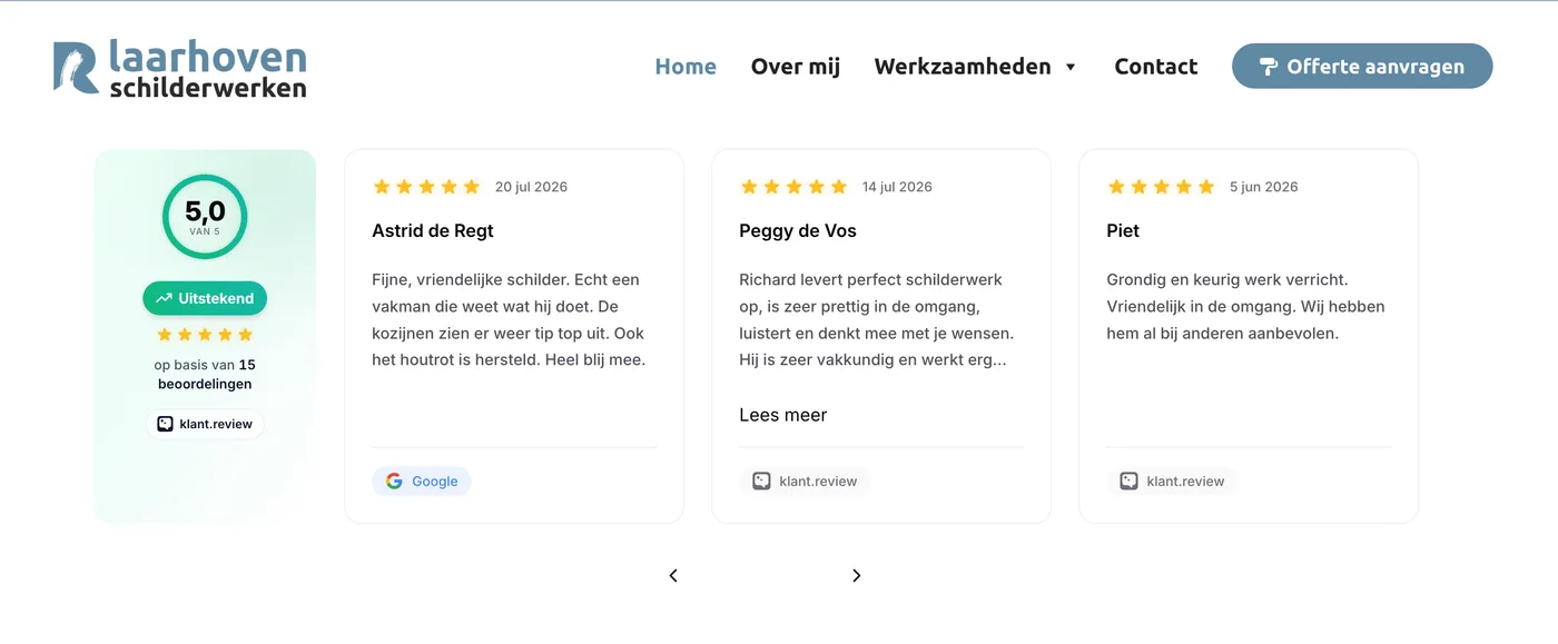 Reviewslider op de website van Laarhoven Schilderwerken met 5,0 uit 15 beoordelingen en drie reviews naast elkaar