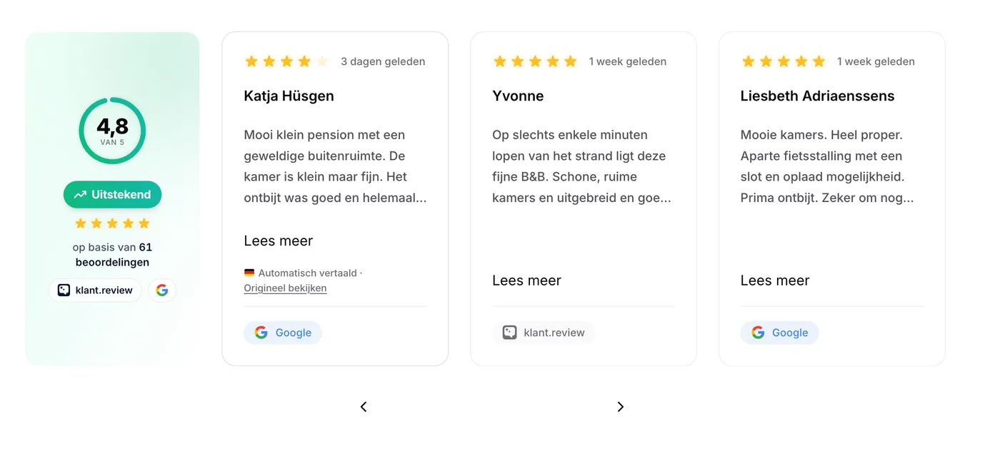 Reviewslider op de website van Wil’s Bed and Breakfast met 4,8 uit 61 beoordelingen; onder de Duitse review staat automatisch vertaald met een link naar het origineel