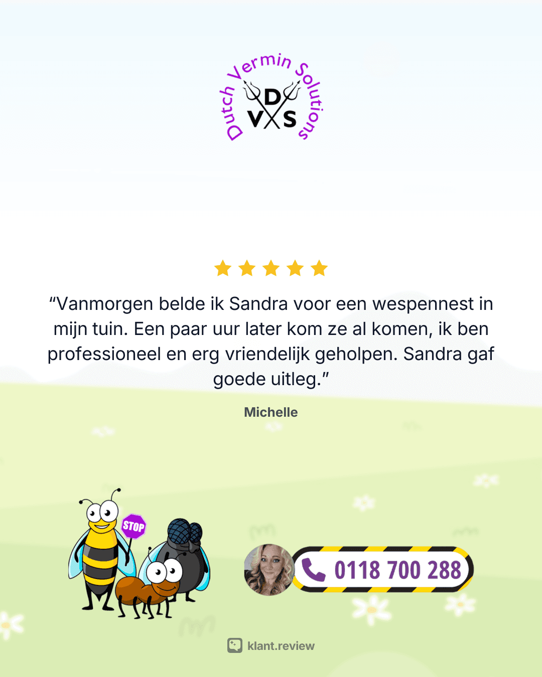 Social post van DVS Ongediertebestrijding in eigen stijl: vijfsterrenreview van Michelle over een wespennest, met logo, mascottes en telefoonnummer op een vrolijke illustratie-achtergrond