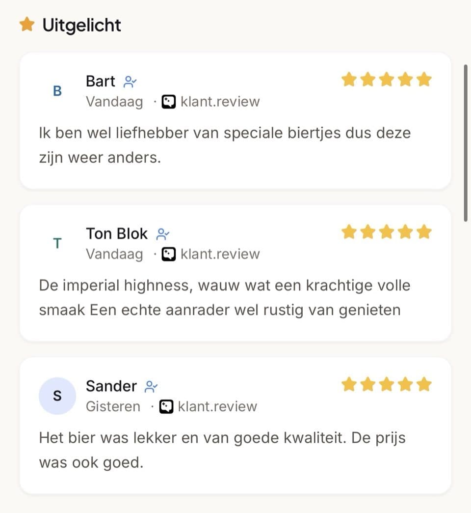 Uitgelichte reviews op de bedrijfspagina van Brouwerij Emelisse, met vijf sterren van Bart, Ton Blok en Sander. Ton Blok schrijft over de Imperial Highness: 'wauw wat een krachtige volle smaak'