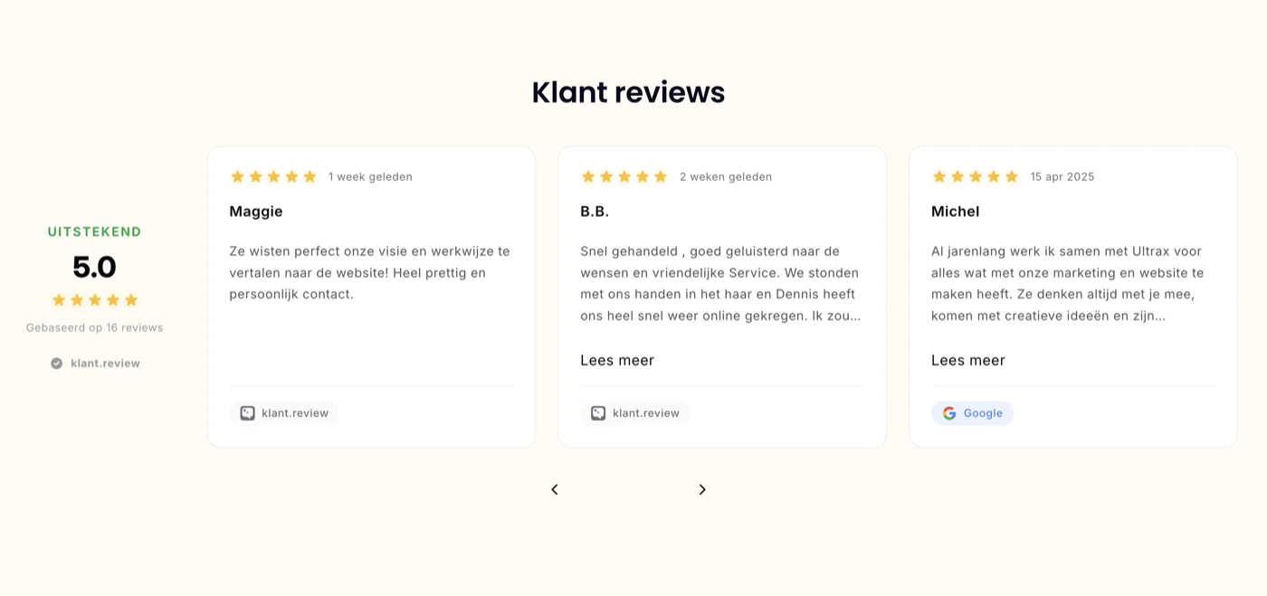 klant.review review slider widget op een WordPress website met social proof badge, Google reviews en klant.review verificatie