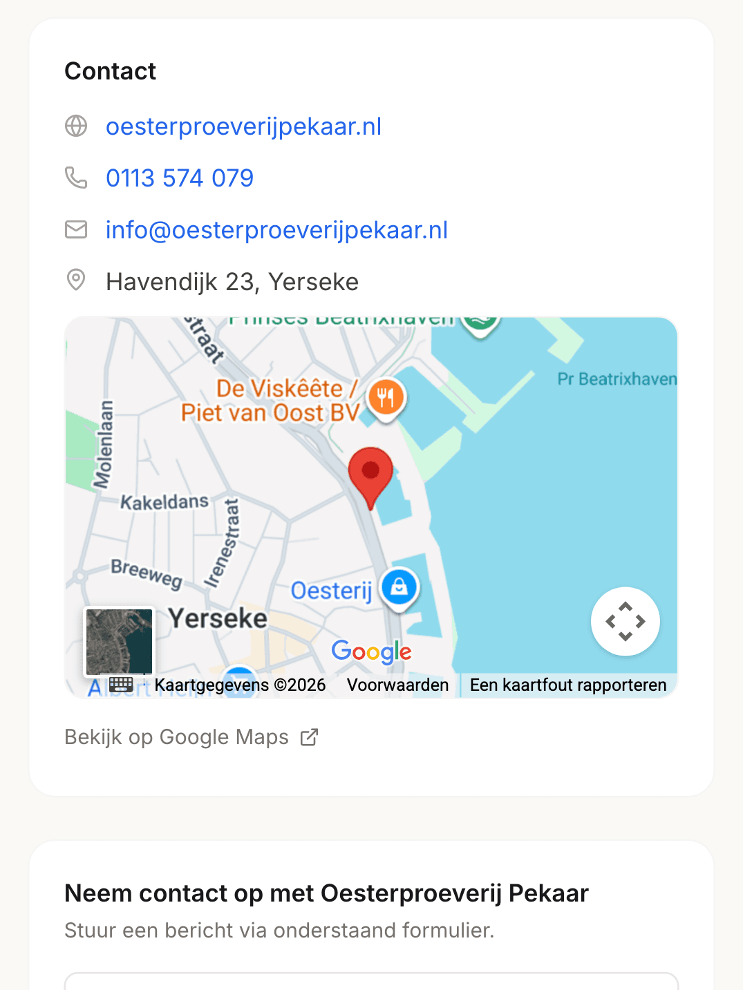 Contact-sectie van de klant.review bedrijfspagina van Oesterproeverij Pekaar met website, telefoon, e-mail, adres, kaart en een berichtformulier