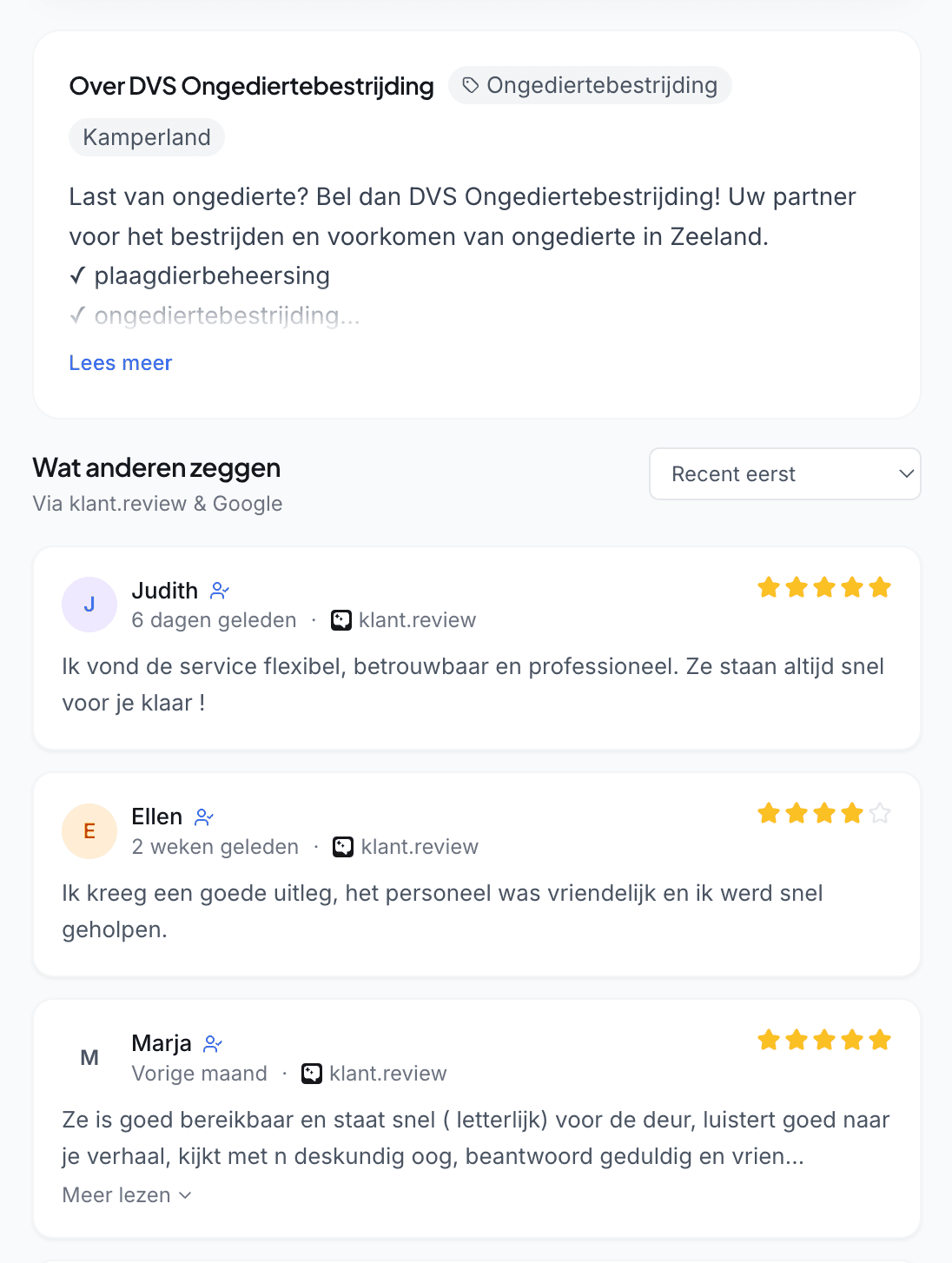 Bedrijfspagina van DVS Ongediertebestrijding op klant.review met "Over"-tekst, plaatslabel Kamperland en de eerste klantreviews van Judith, Ellen en Marja