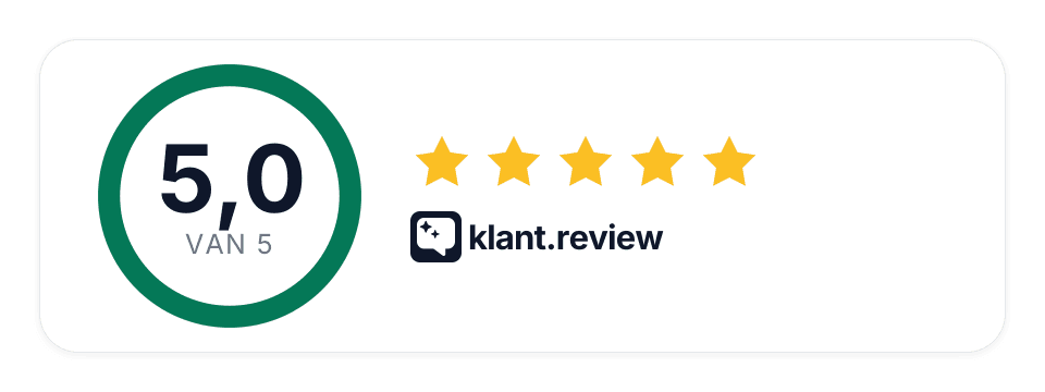 Horizontale review-badge met score 5,0 van 5, vijf gele sterren en het klant.review-logo