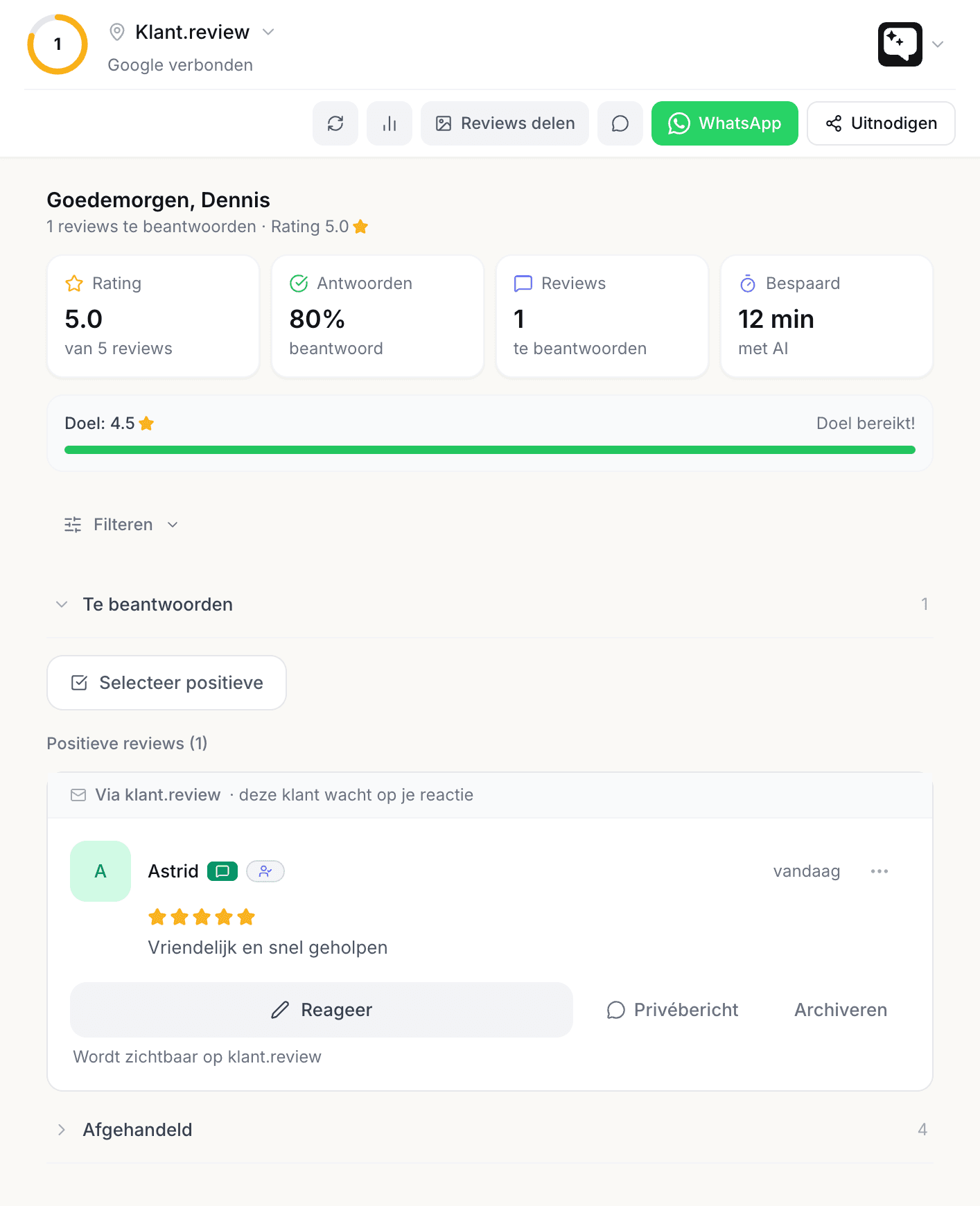 Dashboard inbox van klant.review met rating, antwoord-percentage, reviews en AI-concept