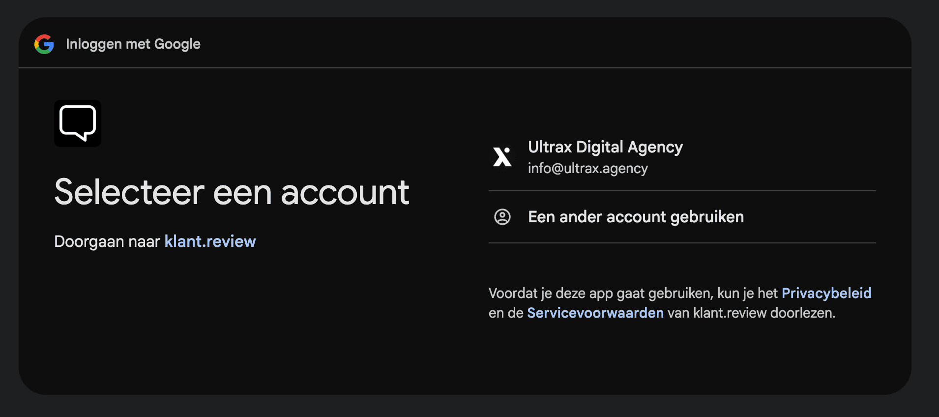 Google OAuth scherm 'Selecteer een account' om klant.review aan je Google bedrijfsprofiel te koppelen