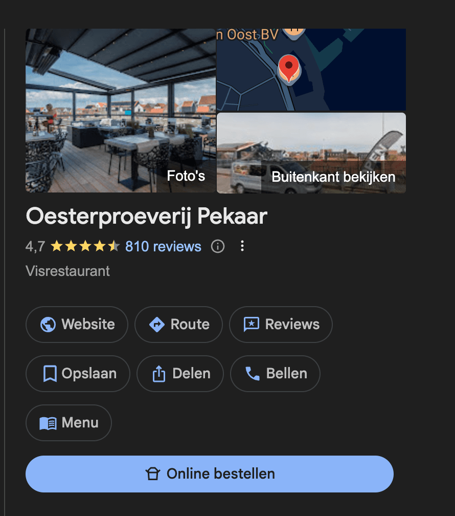Voorbeeld Google bedrijfsprofiel: kaartje met foto's, kaart, sterrenrating, reviews en actieknoppen