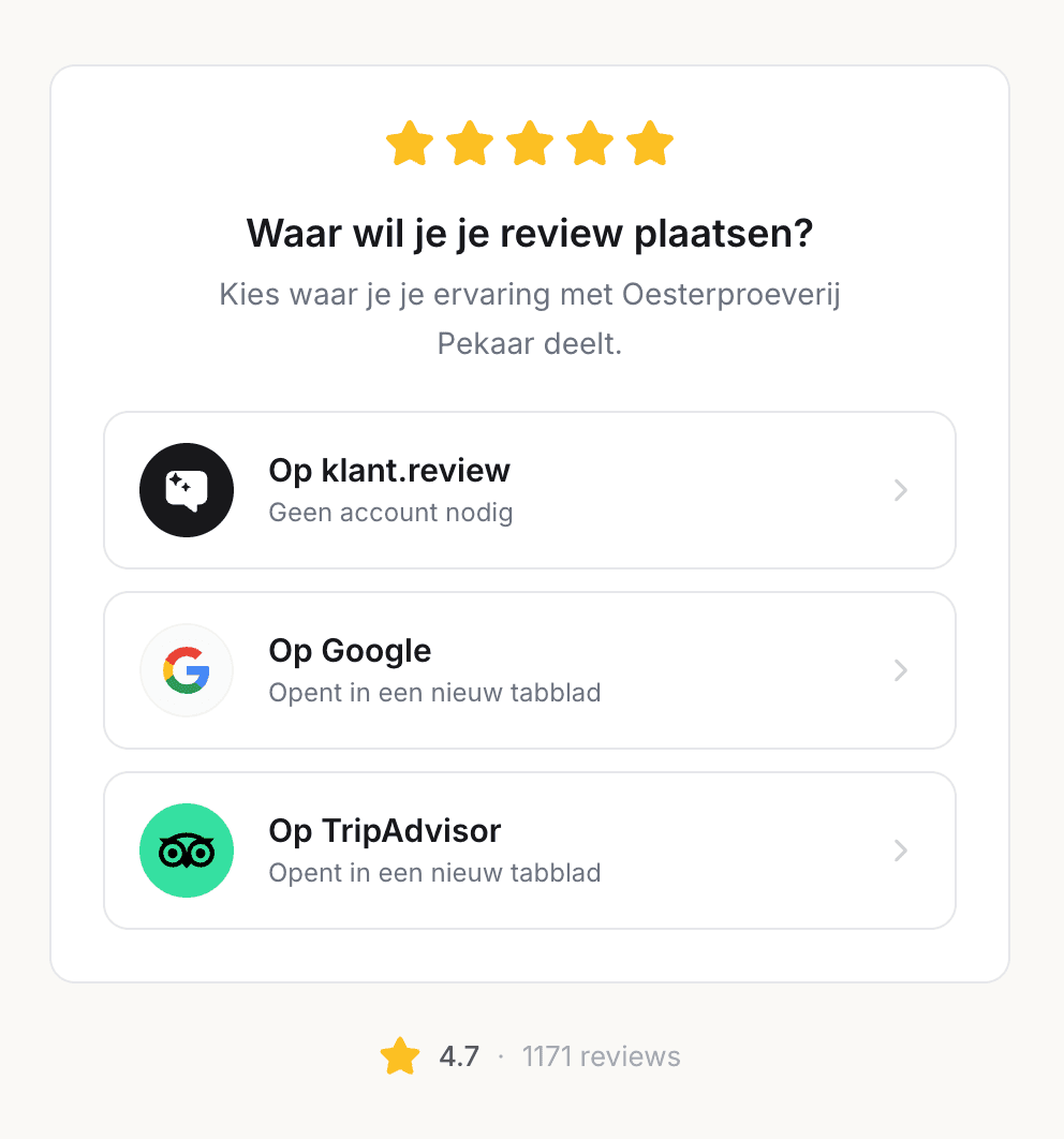 Keuzescherm voor de reviewer met klant.review als basis, en de externe platforms (zoals Google en TripAdvisor) die de eigenaar heeft gekoppeld