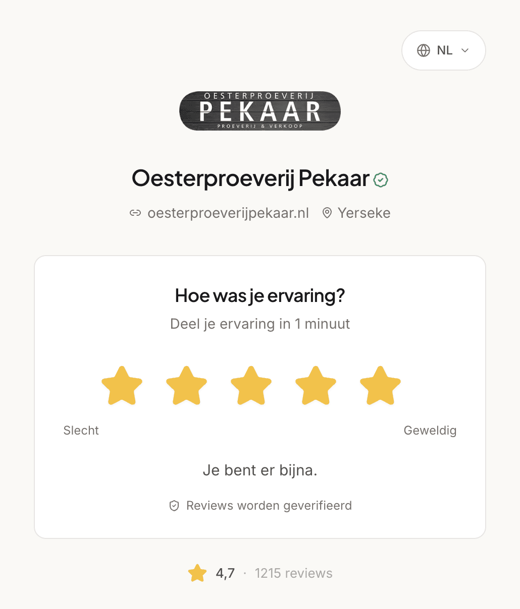 Reviewpagina van Oesterproeverij Pekaar: het formulier 'Hoe was je ervaring?' met vijf aangetikte sterren en de regel 'Je bent er bijna.', met daaronder een 4,7 op basis van 1215 reviews