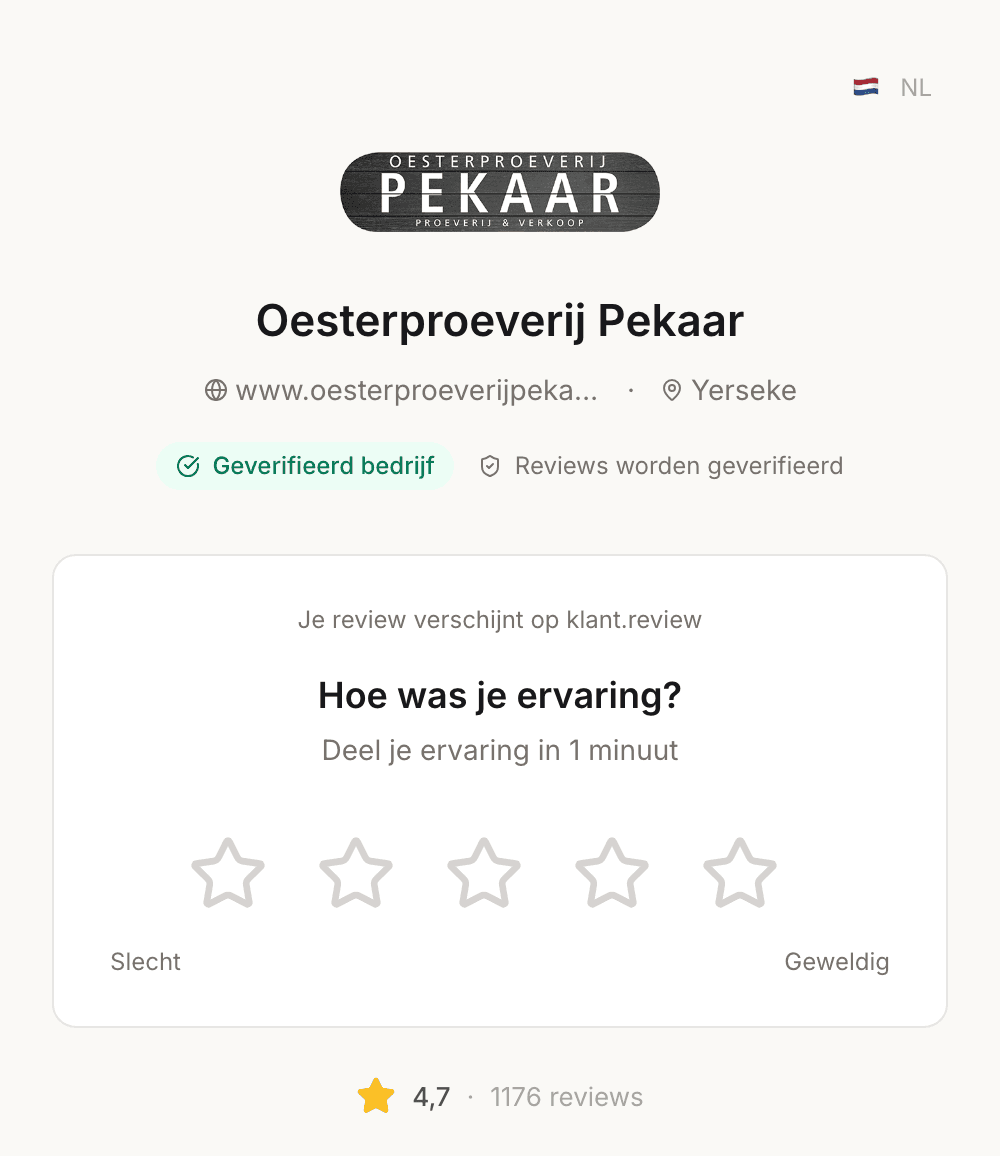 Reviewpagina van Oesterproeverij Pekaar: sterren-formulier 'Hoe was je ervaring?' met score 4,7 op basis van 1176 reviews