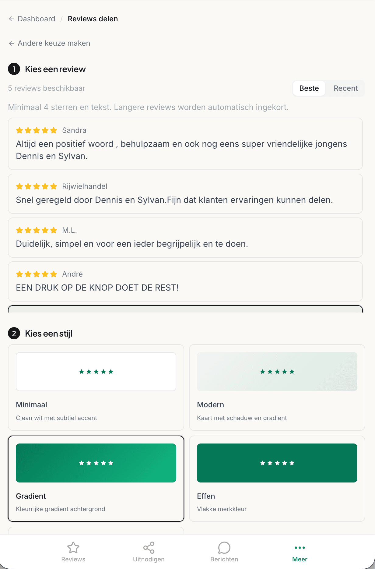 Reviews delen in het dashboard: kies een review met minimaal 4 sterren en kies daarna een stijl zoals minimaal, modern, gradient of effen