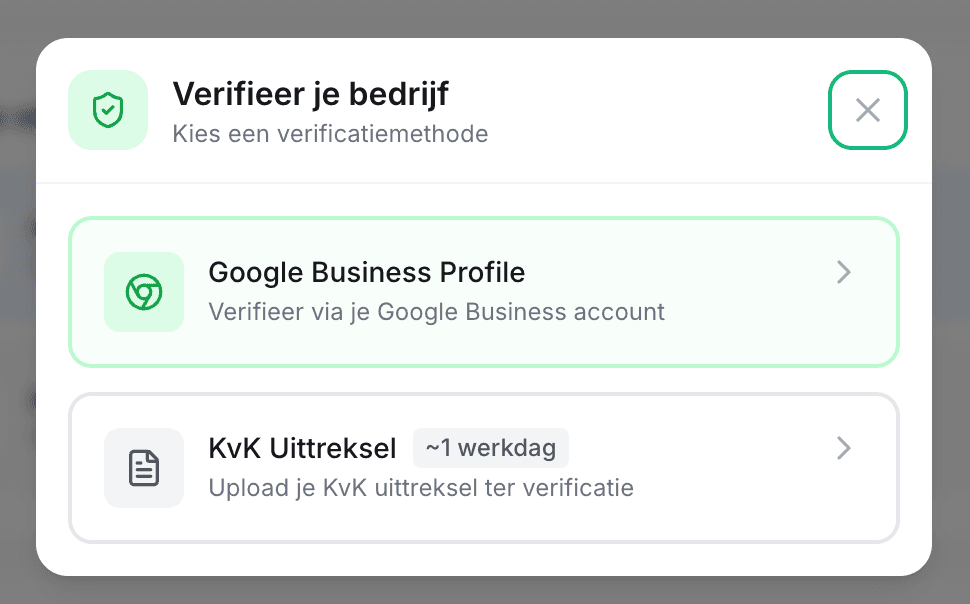 Verificatie-keuze in klant.review: Google Business Profile koppelen of KvK-/KBO-uittreksel uploaden