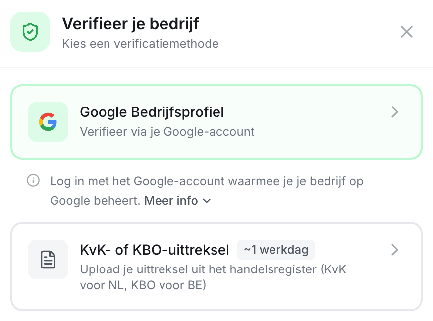 Verificatie-keuze in klant.review: Google Bedrijfsprofiel koppelen of KvK-/KBO-uittreksel uploaden