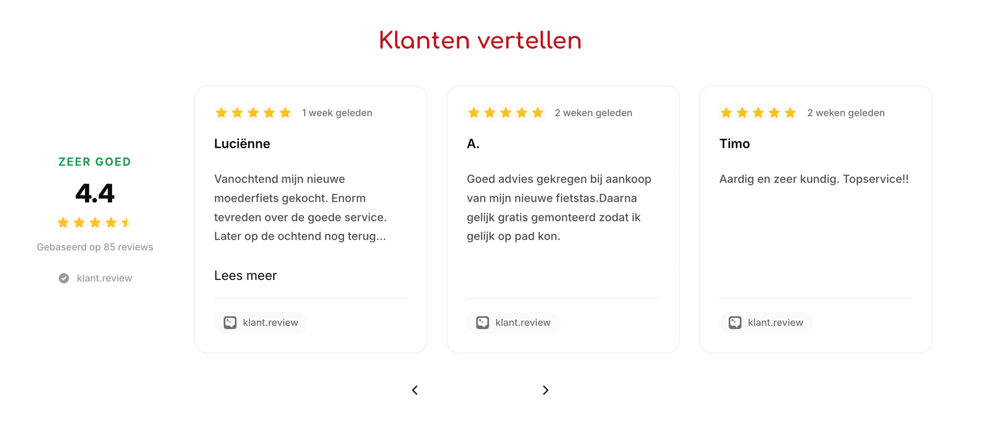 klant.review widget op een echte website met sterren, score en reviews door elkaar van Google en klant.review