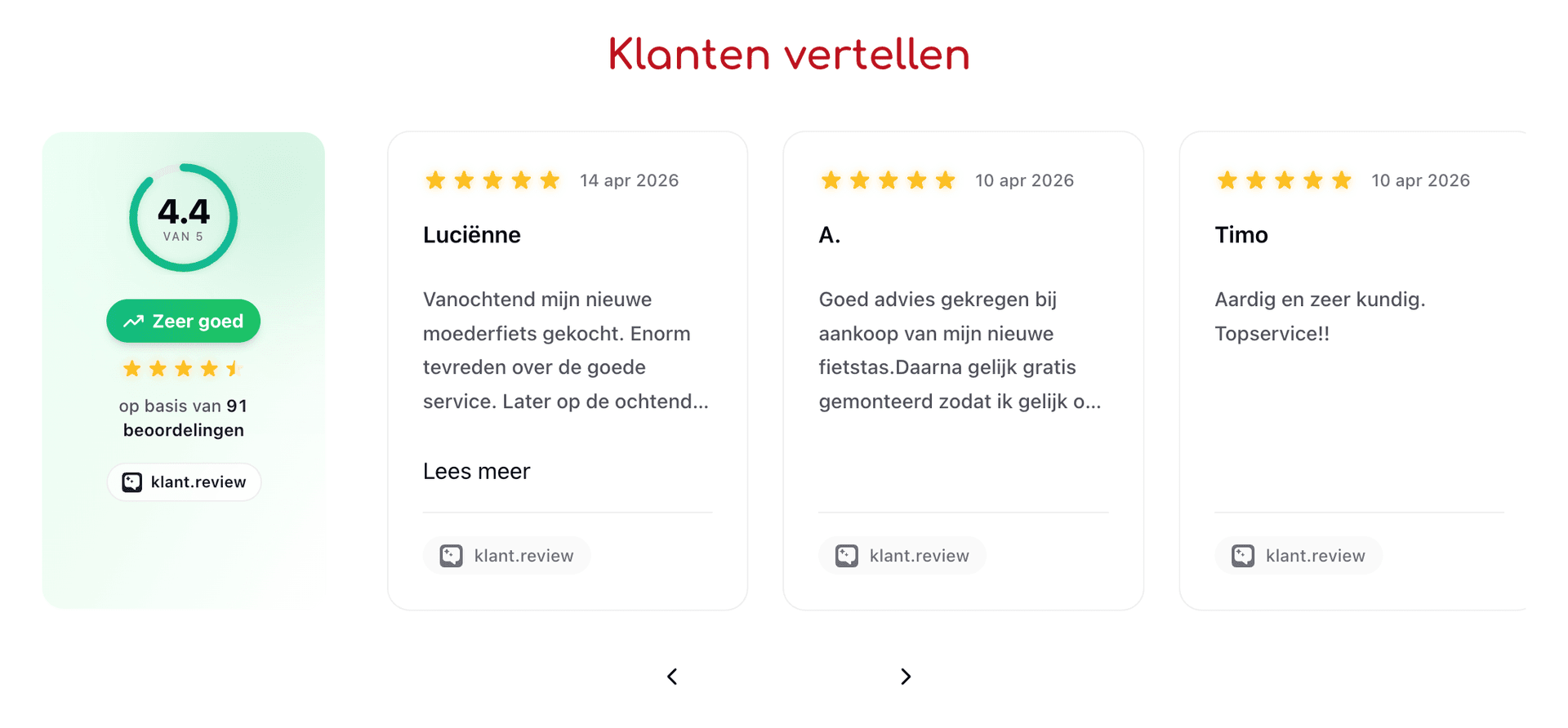 klant.review review-slider met een 4,4 van 5 score en losse reviews van klanten op een website