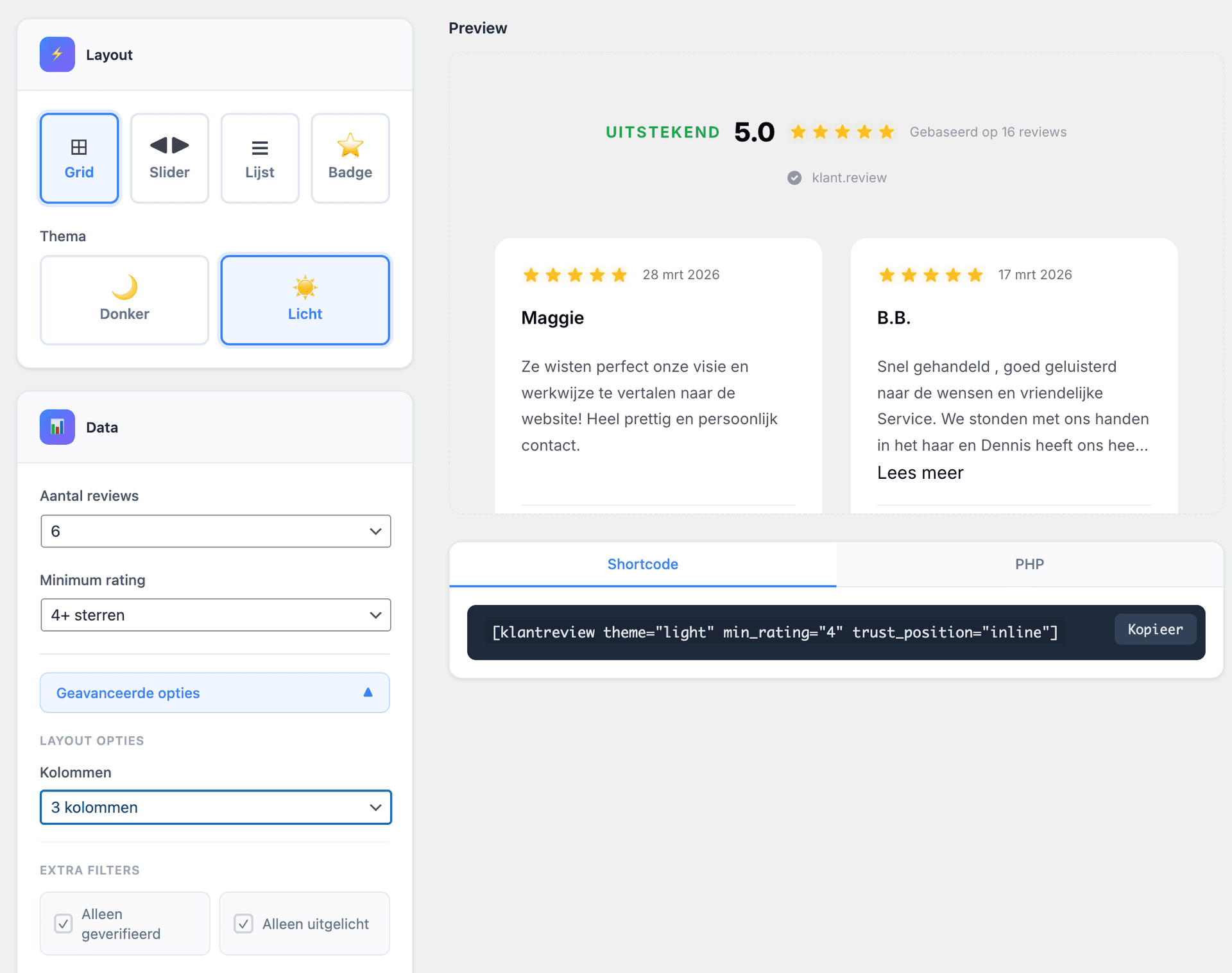 WordPress plugin admin van klant.review met layout-keuze (grid, slider, lijst, badge), thema, kolommen en shortcode-generator
